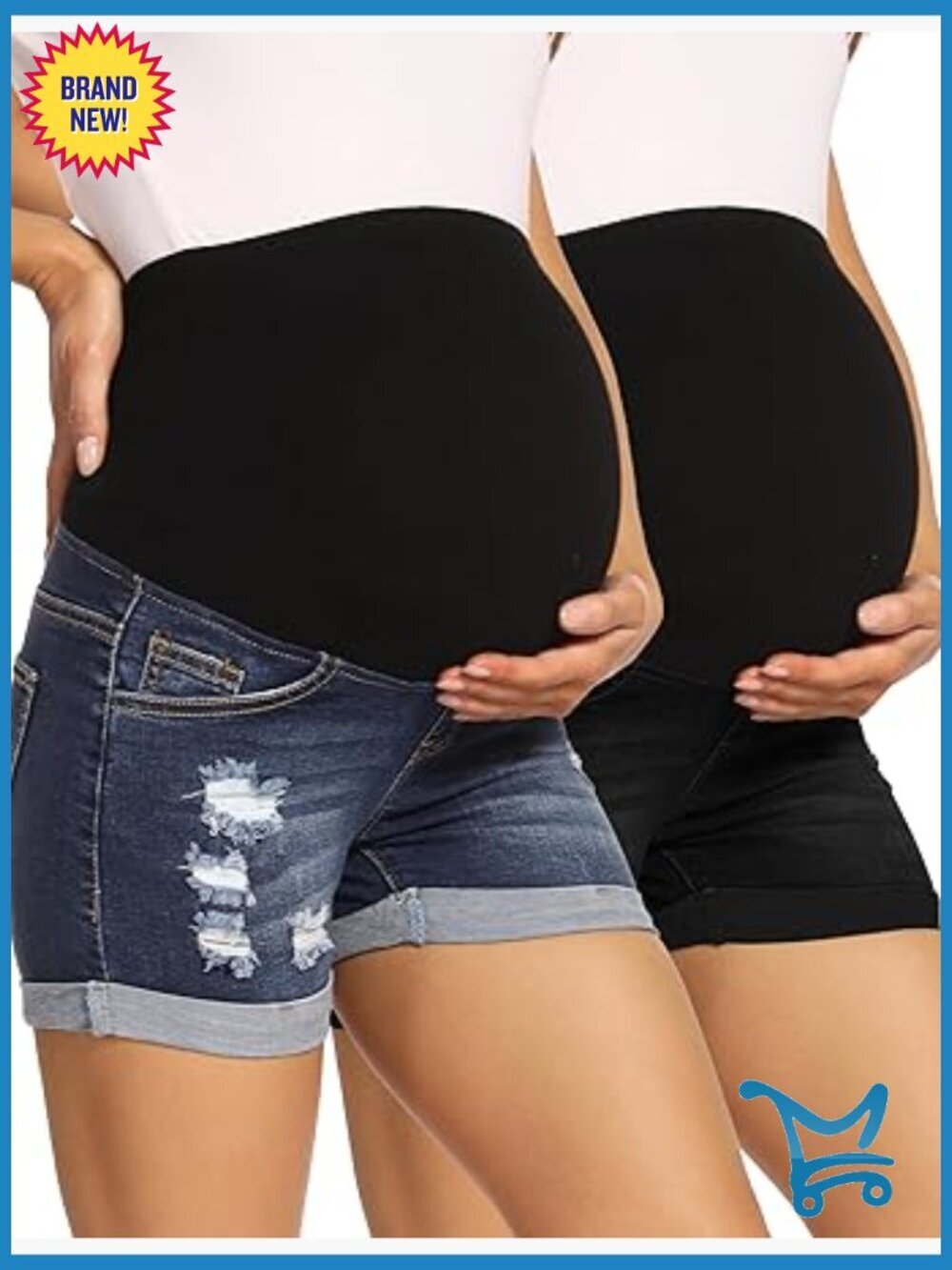 Maternity Denim Shorts High Waist Distressed Cuffed Hem